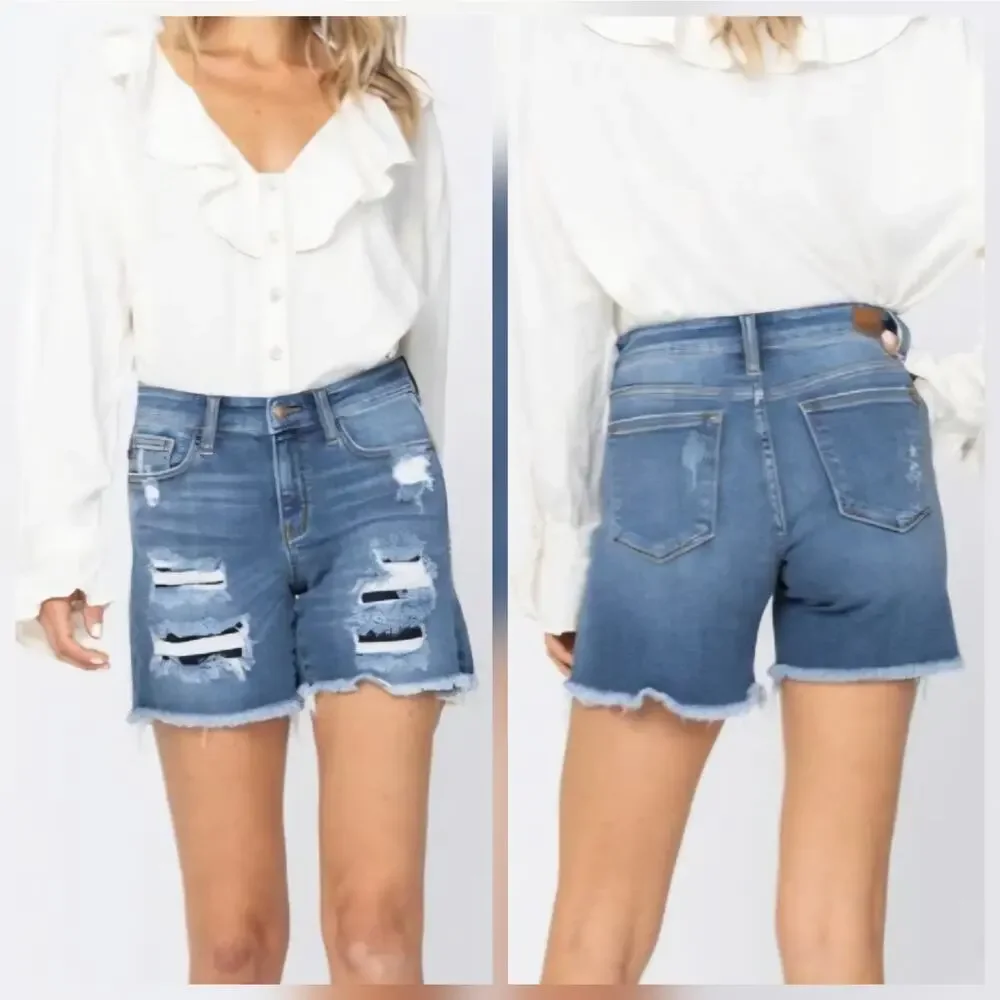 Judy Blue Mid Rise Patch Cut Off Shorts Sz 30 JB 15206 5